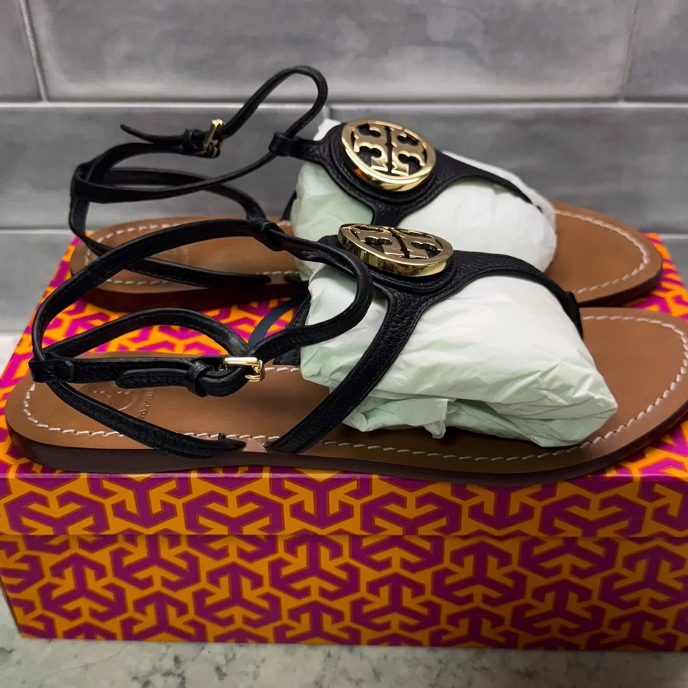Tory Burch Black & Gold Leather Sandals. Leticia flat tumbled leather. Sz 10.5 - Picture 6 of 13